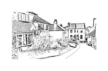 Building view with landmark of Hastings is a town in England. Hand drawn sketch illustration in vector.