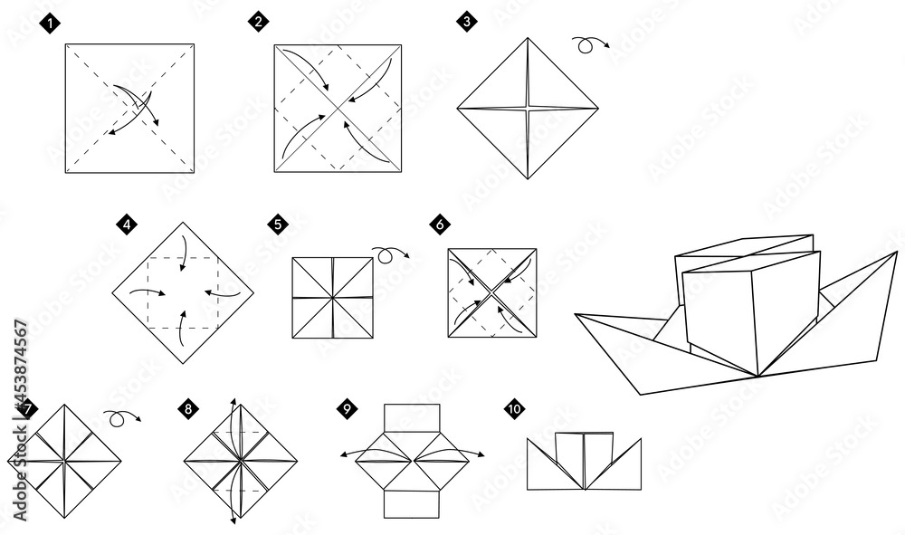 Poster Origami two-pipe paper steamer.  Monochrome black and white vector illustration.Do-it-yourself  ship simple  tutorial. 