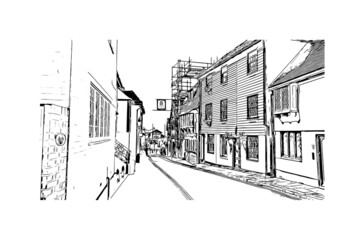 Building view with landmark of Hastings is a town in England. Hand drawn sketch illustration in vector.
