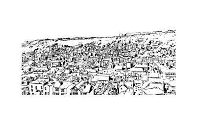 Building view with landmark of Hastings is a town in England. Hand drawn sketch illustration in vector. © dhanu3182