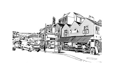 Building view with landmark of Hastings is a town in England. Hand drawn sketch illustration in vector.