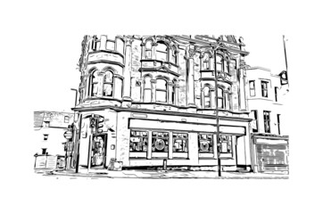 Building view with landmark of Hastings is a town in England. Hand drawn sketch illustration in vector.