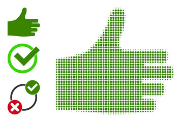 Halftone thumb up. Dotted thumb up generated with small circle dots. Vector illustration of thumb up icon on a white background. Halftone pattern contains round dots.
