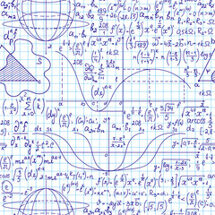 Math scientific vector seamless pattern with geometry figures, formulas and calculations handwritten on grid paper 