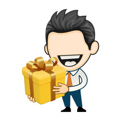Happy businessman holding a big gift box with bow