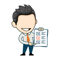 Happy businessman holding clipboard with completed checklist paper. The concept of successful businessman in cartoon style
