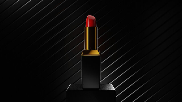 Red lipstick with black and gold case on the podium. Dark background. High quality photo