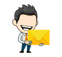 Joyful man got an important letter. happy businessman holding an envelope. Business illustration concept in cartoon style