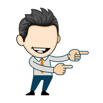 Smiling Business Man Points Right In Cartoon Vector Style