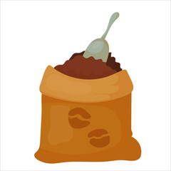 Cloth bag with coffee cartoon style. Kitchen utensils. The aesthetics of coffee. Vector illustration isolated on white background.