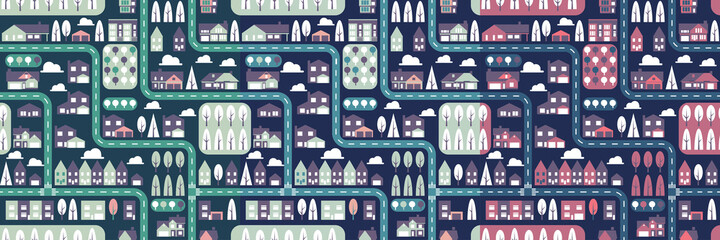 City seamless pattern set top view flat design. Suburban houses and roads seamless pattern or background. Blue, green, red and violet colors. Horizontal orientation Vector Illustration