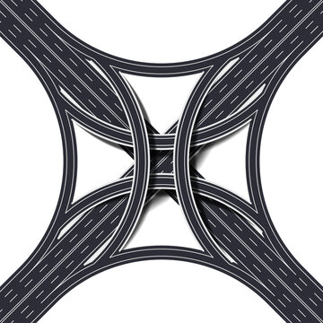 Stack interchange four level road, four way interchange with loop ramps, underpass and overpass. Detailed intersection on white background. Vector Illustration