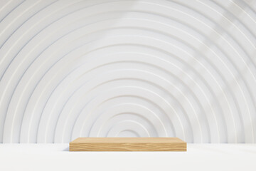 Obraz premium Cosmetic display product stand, wood block podium with white circle wall on light background. 3D rendering illustration