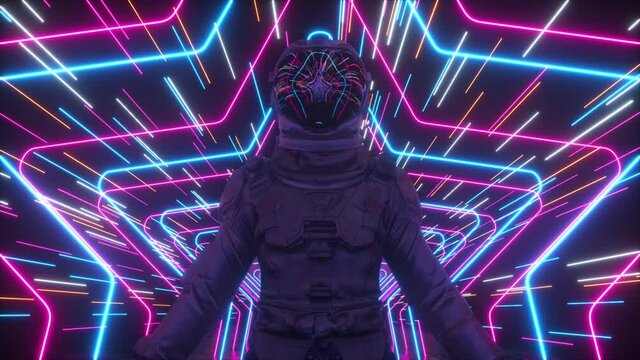 An endless neon tunnel of stars moves along the astronaut. Bright space concept. Reflections in the helmet. 3d animation of seamless loop
