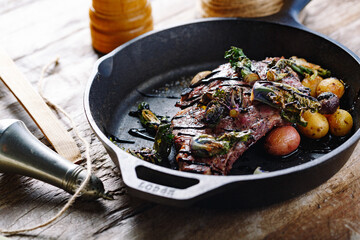 Steak and potatoes on a pan