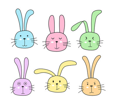 Cute Bunny Rabbit Character Vector Set. Funny bunny rabbit faces design collection.