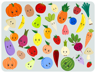Attractive and colorful cute emoji set of wallpaper with fruits and vegetable. There are apples, banana, pineapple, watermelon, orange, berries, lemon, mangoes, carrot, tomatoes, leeks, pumpkin etc.
