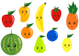 Attractive and colorful cute emoji set of wallpaper with fruits. There are apple, banana, mango, watermelon, pineapple, grapes, berries, lemon, pear, orange, pear etc.