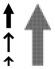 Halftone up arrow. Dotted up arrow made with small round pixels. Vector illustration of up arrow icon on a white background. Halftone pattern contains round pixels.
