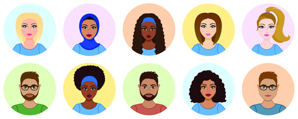 Racial divercity icons. Set of avatars. Arab, african, hispanic(latina) and european (caucasian) women. Different haircuts: wavy hair, ponytail. Girl wearing hijab. Bearded man wearing glasses