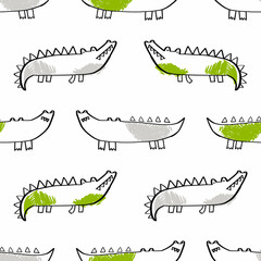 Vector hand-drawn seamless childish pattern with cute crocodile on a white background. Kids texture for fabric, wrapping, textile, wallpaper, apparel. Alligator. Illustration.