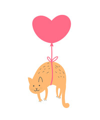 Cute cat floating tied to a heart shaped balloon. This design can be used in greeting and Valentine's day card and t shirt design.