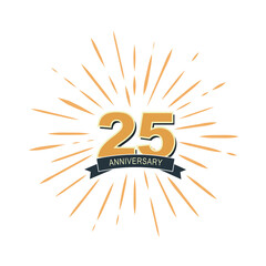 25 Th anniversary logo numbers with ribbon and fireworks vector illustration. Vintage of holiday, birthday celebrating