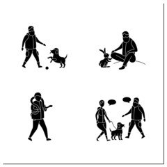 Pets benefits glyph icons set. Help relieve depression, anxiety, lower stress levels. Different pets.Animal caring concept.Filled flat signs. Isolated silhouette vector illustrations