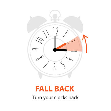 Fall Back concept with graphic alarm and schedule to set the clock back one hour. The end of Daylight Saving Time. Vector illustration in modern flat style isolated on white background.
