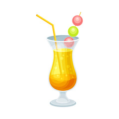 Bright Exotic Cocktail in Glass with Straw as Tropical Refreshing Drink Vector Illustration