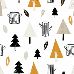 Vector seamless pattern with doodle cute trees, leaves and hemp on a white background. Cute scandinavian forest background. Nature. Creative kids texture for fabric, wrapping, textile, wallpaper.