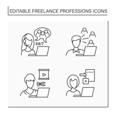 Fototapeta na wymiar Freelance professions line icons set. Distance jobs. Data entry, customer service jobs, video editor, community manager. Online work. Careers concept. Isolated vector illustrations. Editable stroke