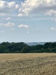 Fototapeta na wymiar Hilly scenic view on Baltic Sea from top rural crop field 