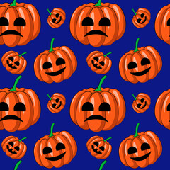 Seamless vector pattern with cartoon horror orange pumpkin