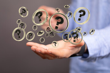 Businessman solving problem with digital question marks 3D rendering