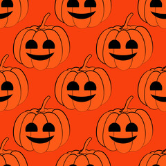 Seamless vector pattern with outline cartoon horror orange pumpkin