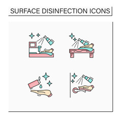 Surface disinfection color icons set.Door handle and hands, shop, tabletop disinfection. Home, public areas,transport hygiene. Isolated vector illustration