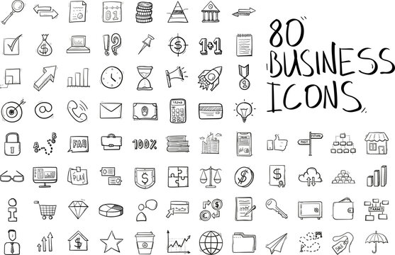 Marketing financial and business icons set hand drawn in doodle style isolated