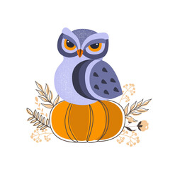 Owl sitting on a pumpkin
