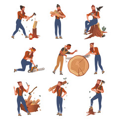 Bearded Woodman or Lumberman in Red Checkered Shirt and Sling Pants with Felling Ax Chopping and Sawing Wood Vector Set - obrazy, fototapety, plakaty