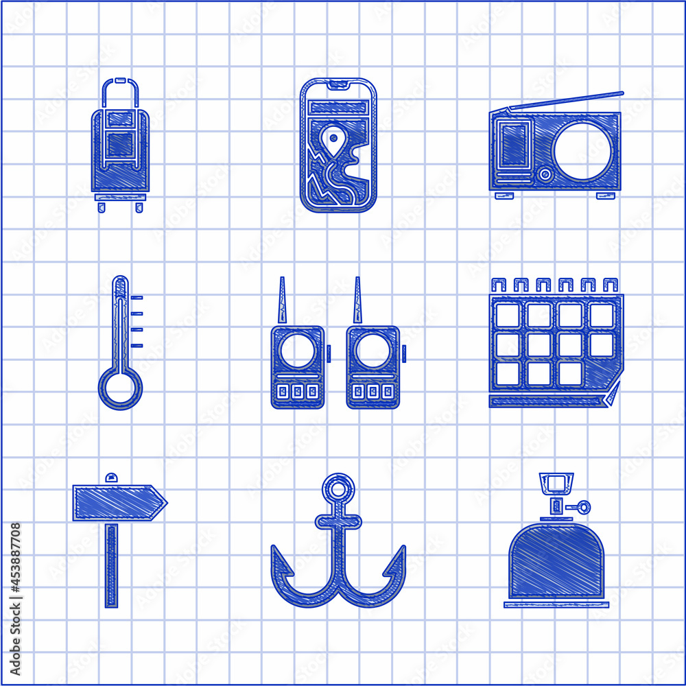 Sticker Set Walkie talkie, Anchor, Camping gas stove, Calendar, Road traffic signpost, Meteorology thermometer, Radio with antenna and Suitcase icon. Vector