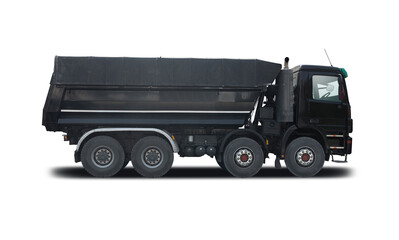 Black tipper truck side view isolated on white background