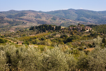 Fototapeta na wymiar View of the pretty little hill village of Montefioralle and the hills around Greve in Chianti, from the Via di Zano, Tuscany, Italy
