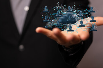 Augmented Analytics Data cloud storage network from lines, triangles and particle style design....