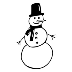 Vector image of a cheerful snowman. Black outline, doodle. New Year's set. Hand-drawn. Design of posters, postcards, invitations, holiday decoration, decor, stickers.