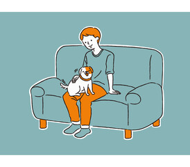 犬とソファでリラックスする男性（シンプル）