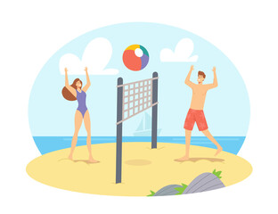 Obraz na płótnie Canvas Young Couple Playing Beach Volleyball on Sea Shore Throw Ball to Each Other. Happy Family Wife and Husband Leisure