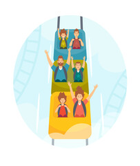 Mother, Father and Kids Characters Riding Roller Coaster, Family Extreme Recreation in Amusement Park, Fun Fair Carnival