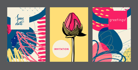 Set of creative universal cards with flower. Designs for prints, wedding, anniversary, birthday, Valentine's day, party invitations, posters, cards, etc. Vector. Isolated.