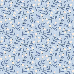 Winter seamless pattern with rose hips, branches and leaves. Vector background in simple hand drawn cartoon style.